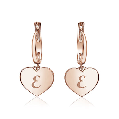 Sterling Silver Rose Gold Plated Girls Heart Dangle Leverback Earrings Initial Engraved Letters A-Z