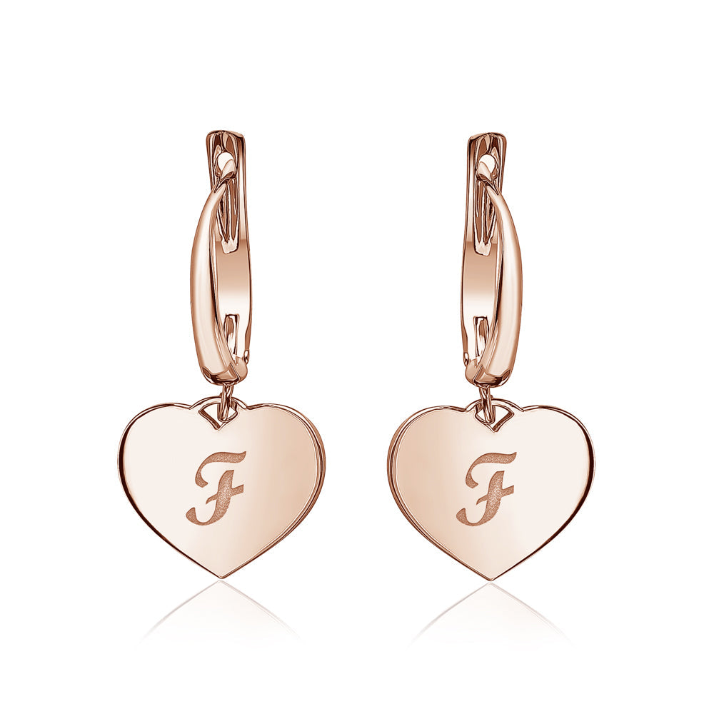 Sterling Silver Rose Gold Plated Girls Heart Dangle Leverback Earrings Initial Engraved Letters A-Z