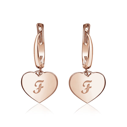 Sterling Silver Rose Gold Plated Girls Heart Dangle Leverback Earrings Initial Engraved Letters A-Z