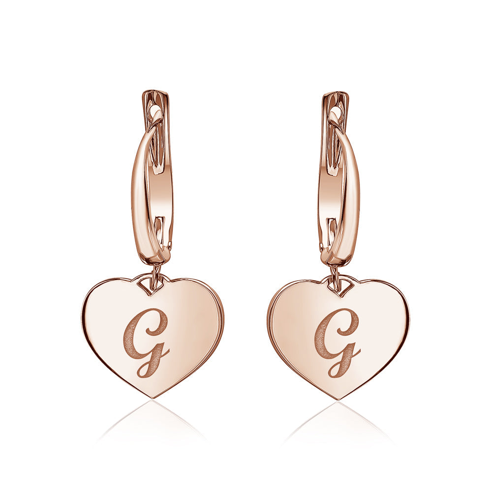 Sterling Silver Rose Gold Plated Girls Heart Dangle Leverback Earrings Initial Engraved Letters A-Z