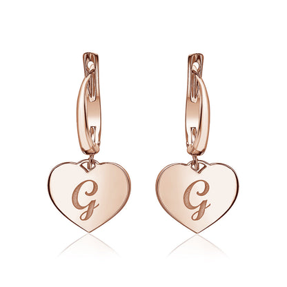 Sterling Silver Rose Gold Plated Girls Heart Dangle Leverback Earrings Initial Engraved Letters A-Z
