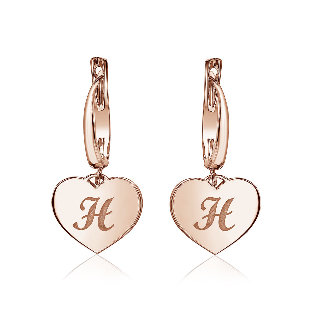Sterling Silver Rose Gold Plated Girls Heart Dangle Leverback Earrings Initial Engraved Letters A-Z
