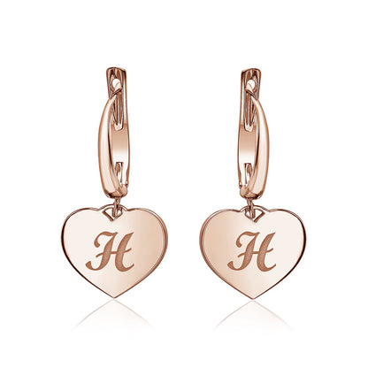 Sterling Silver Rose Gold Plated Girls Heart Dangle Leverback Earrings Initial Engraved Letters A-Z
