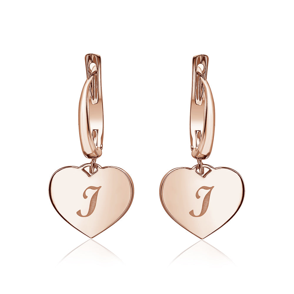 Sterling Silver Rose Gold Plated Girls Heart Dangle Leverback Earrings Initial Engraved Letters A-Z