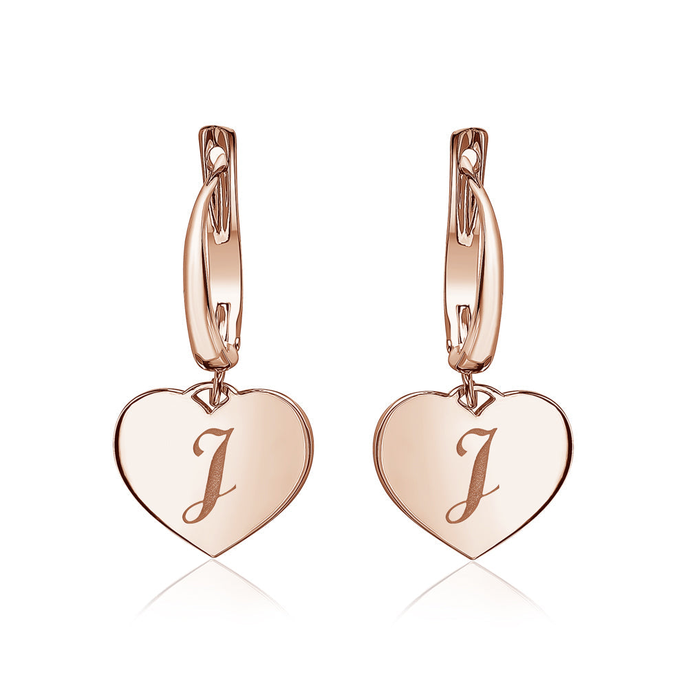Sterling Silver Rose Gold Plated Girls Heart Dangle Leverback Earrings Initial Engraved Letters A-Z