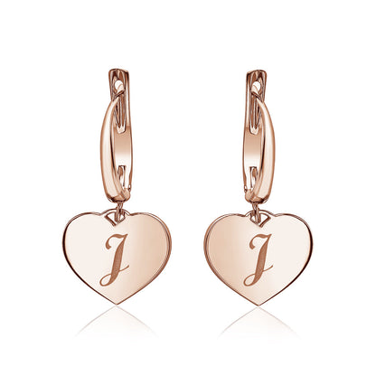 Sterling Silver Rose Gold Plated Girls Heart Dangle Leverback Earrings Initial Engraved Letters A-Z