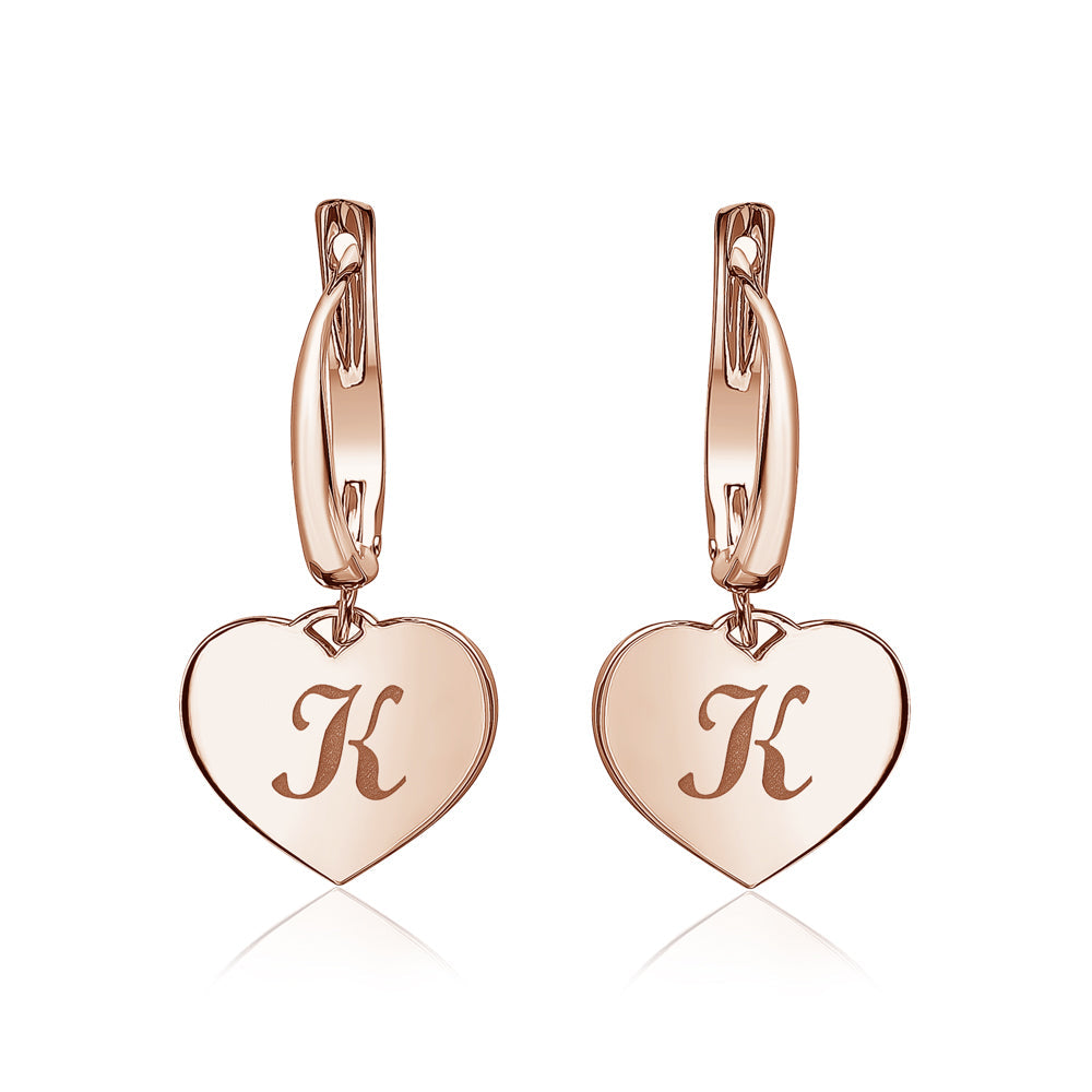 Sterling Silver Rose Gold Plated Girls Heart Dangle Leverback Earrings Initial Engraved Letters A-Z