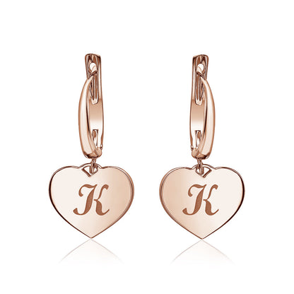 Sterling Silver Rose Gold Plated Girls Heart Dangle Leverback Earrings Initial Engraved Letters A-Z