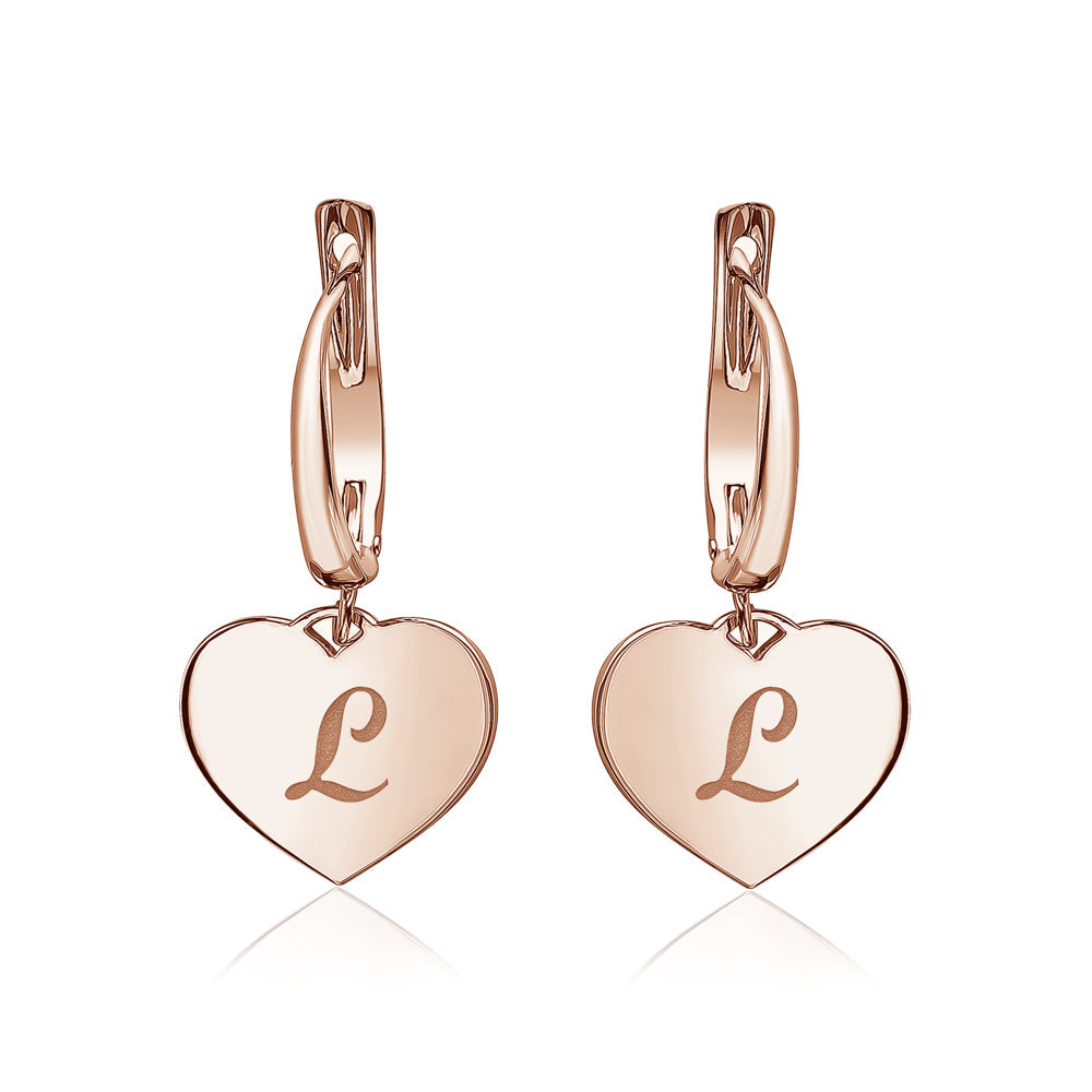 Sterling Silver Rose Gold Plated Girls Heart Dangle Leverback Earrings Initial Engraved Letters A-Z