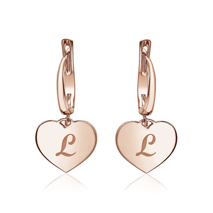 Sterling Silver Rose Gold Plated Girls Heart Dangle Leverback Earrings Initial Engraved Letters A-Z