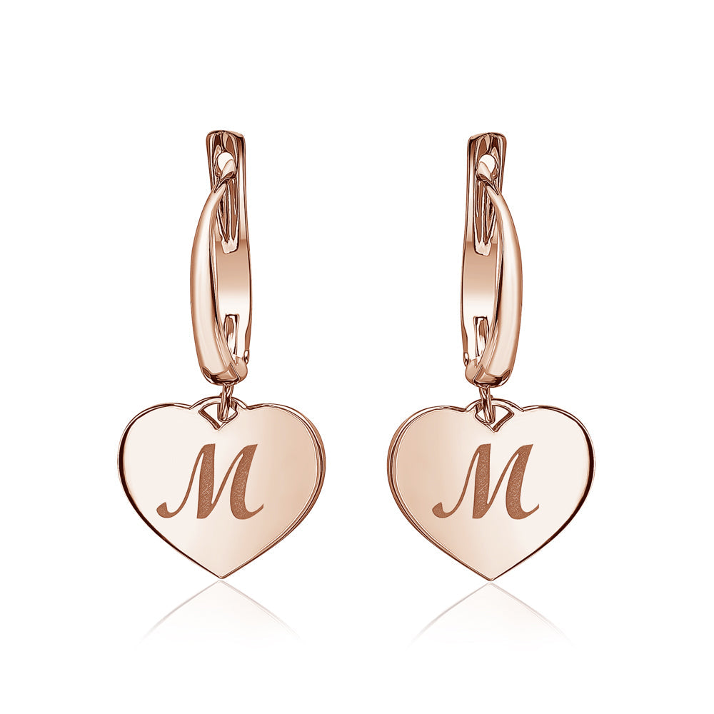 Sterling Silver Rose Gold Plated Girls Heart Dangle Leverback Earrings Initial Engraved Letters A-Z