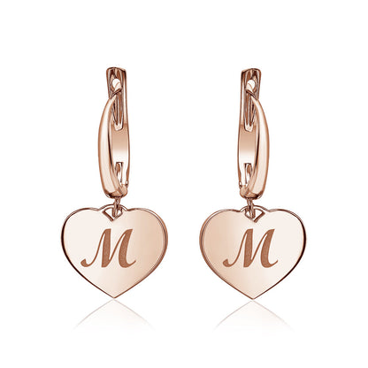 Sterling Silver Rose Gold Plated Girls Heart Dangle Leverback Earrings Initial Engraved Letters A-Z