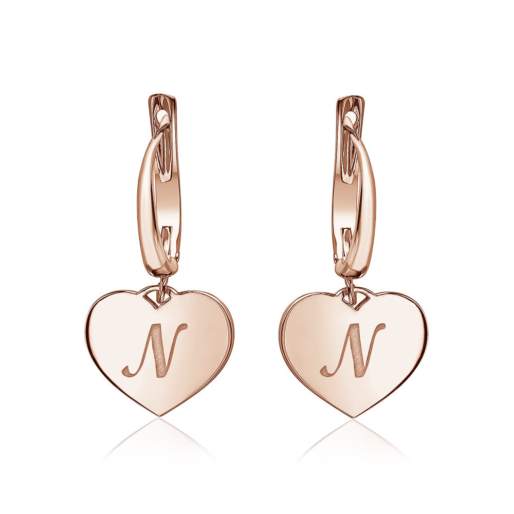 Sterling Silver Rose Gold Plated Girls Heart Dangle Leverback Earrings Initial Engraved Letters A-Z