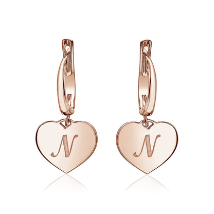 Sterling Silver Rose Gold Plated Girls Heart Dangle Leverback Earrings Initial Engraved Letters A-Z
