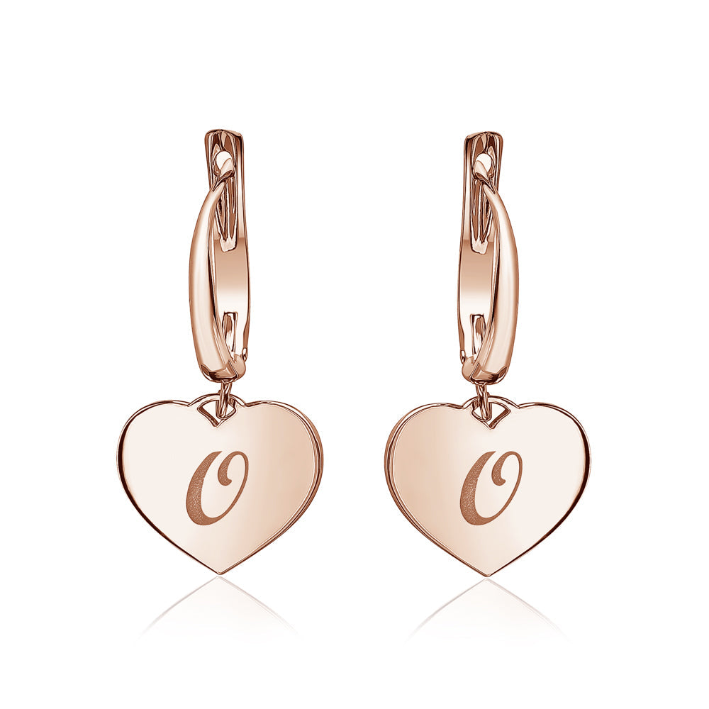 Sterling Silver Rose Gold Plated Girls Heart Dangle Leverback Earrings Initial Engraved Letters A-Z
