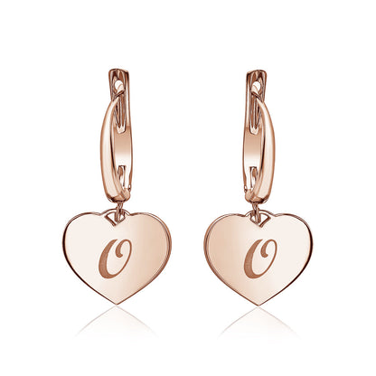 Sterling Silver Rose Gold Plated Girls Heart Dangle Leverback Earrings Initial Engraved Letters A-Z