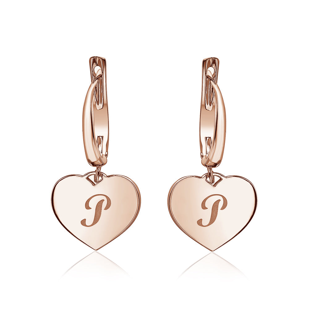 Sterling Silver Rose Gold Plated Girls Heart Dangle Leverback Earrings Initial Engraved Letters A-Z