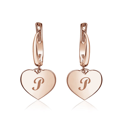 Sterling Silver Rose Gold Plated Girls Heart Dangle Leverback Earrings Initial Engraved Letters A-Z