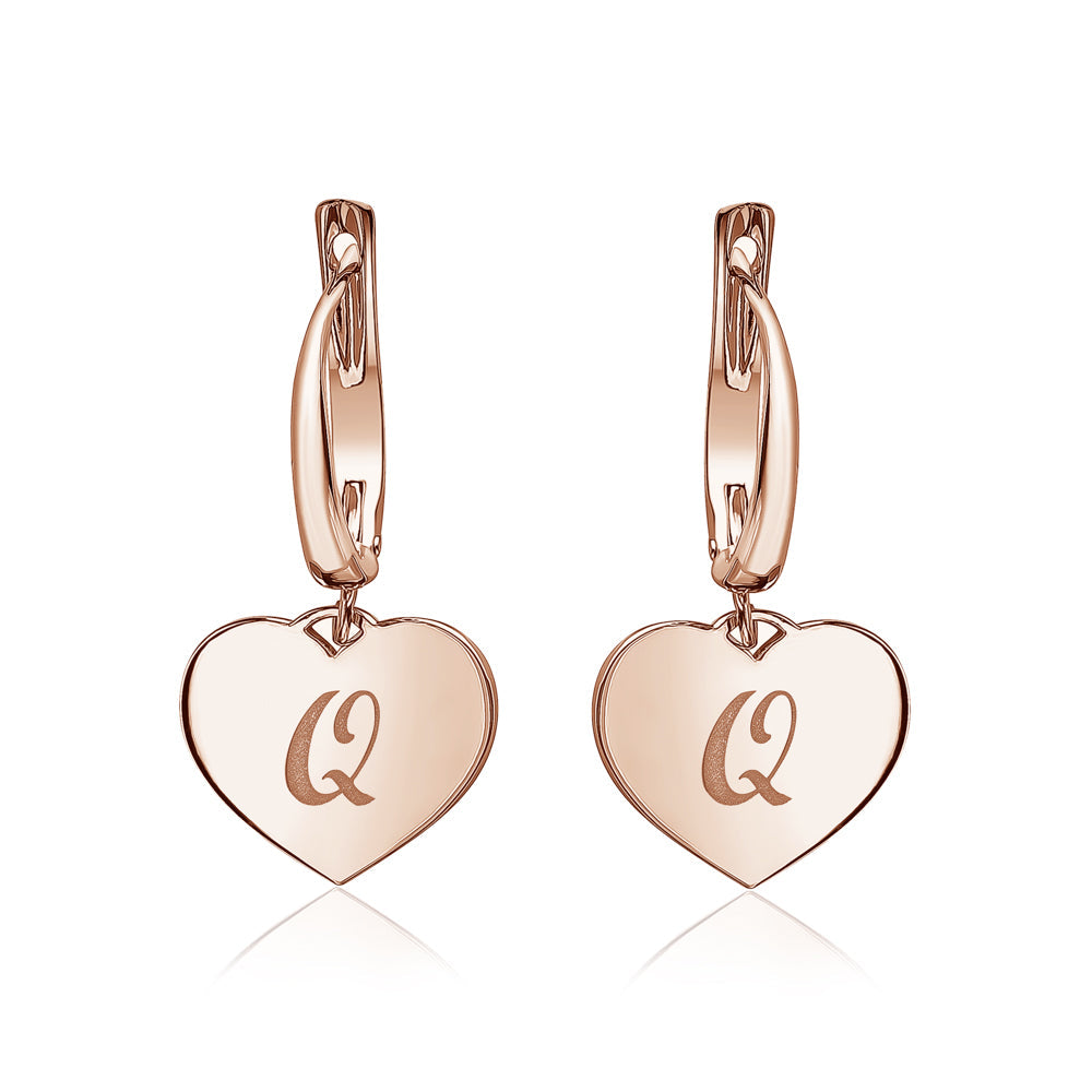 Sterling Silver Rose Gold Plated Girls Heart Dangle Leverback Earrings Initial Engraved Letters A-Z