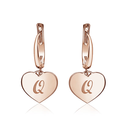 Sterling Silver Rose Gold Plated Girls Heart Dangle Leverback Earrings Initial Engraved Letters A-Z
