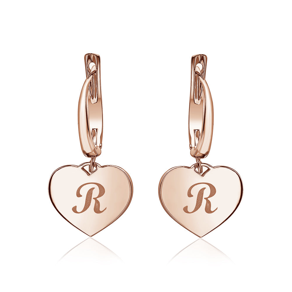 Sterling Silver Rose Gold Plated Girls Heart Dangle Leverback Earrings Initial Engraved Letters A-Z