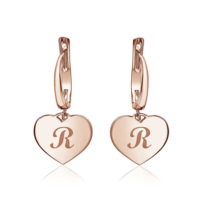 Sterling Silver Rose Gold Plated Girls Heart Dangle Leverback Earrings Initial Engraved Letters A-Z