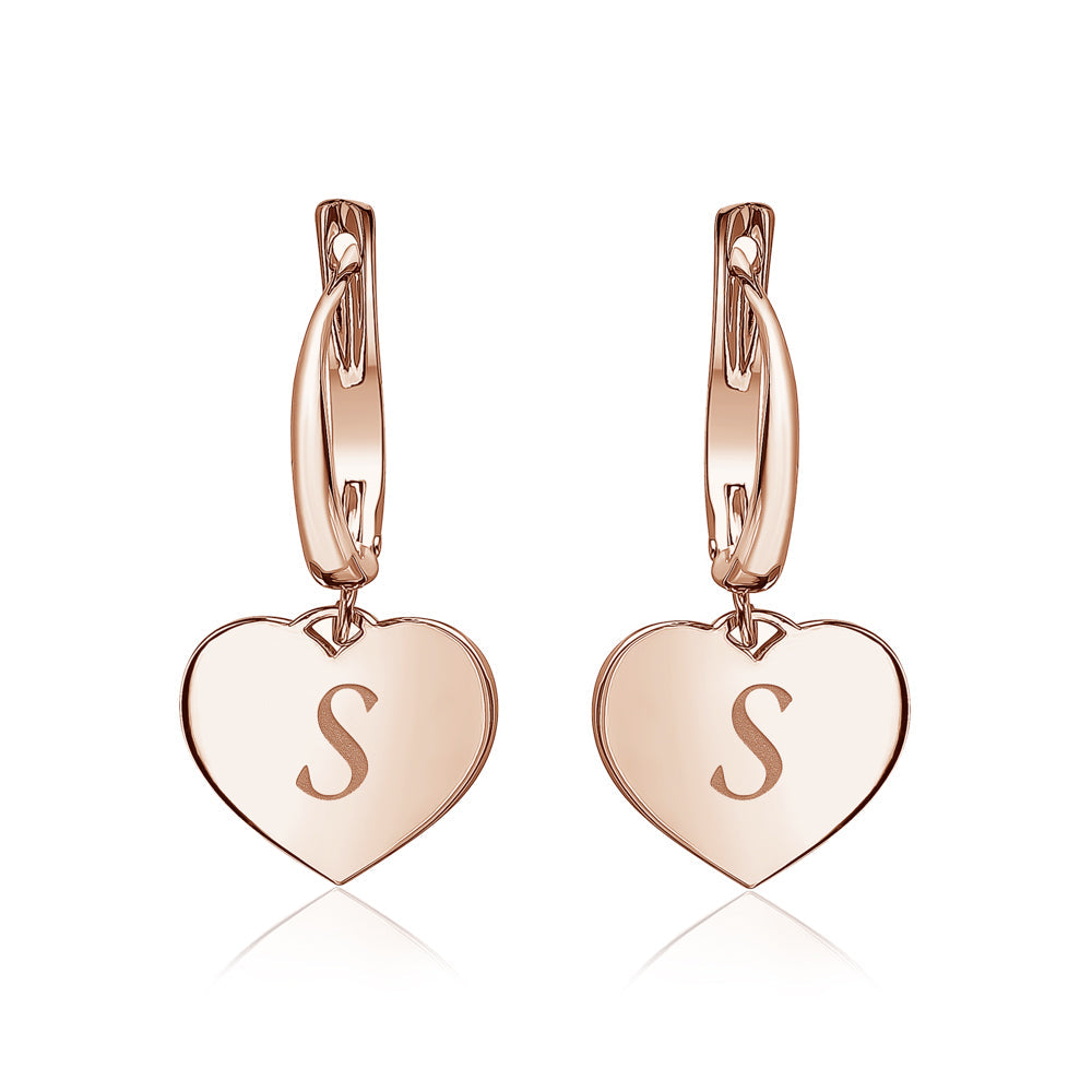 Sterling Silver Rose Gold Plated Girls Heart Dangle Leverback Earrings Initial Engraved Letters A-Z