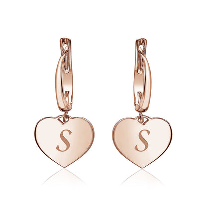 Sterling Silver Rose Gold Plated Girls Heart Dangle Leverback Earrings Initial Engraved Letters A-Z