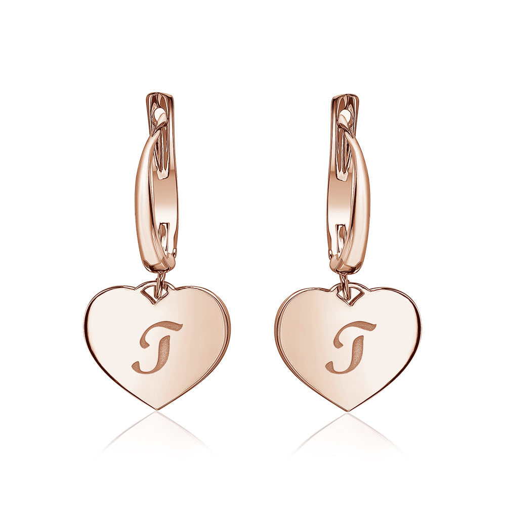 Sterling Silver Rose Gold Plated Girls Heart Dangle Leverback Earrings Initial Engraved Letters A-Z