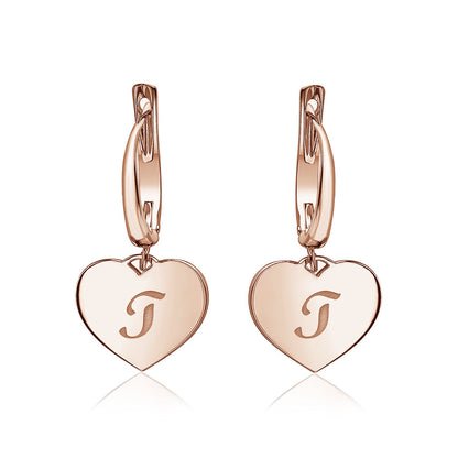 Sterling Silver Rose Gold Plated Girls Heart Dangle Leverback Earrings Initial Engraved Letters A-Z