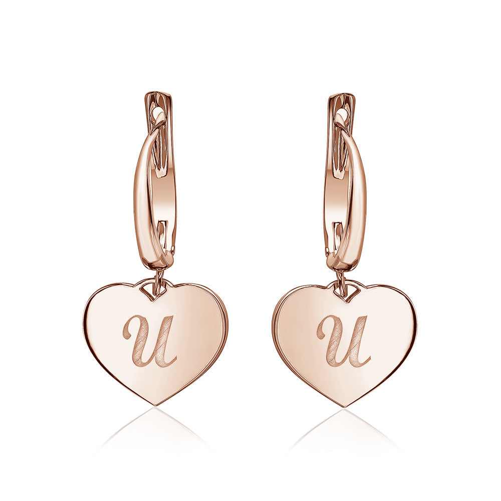 Sterling Silver Rose Gold Plated Girls Heart Dangle Leverback Earrings Initial Engraved Letters A-Z