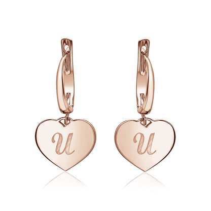 Sterling Silver Rose Gold Plated Girls Heart Dangle Leverback Earrings Initial Engraved Letters A-Z