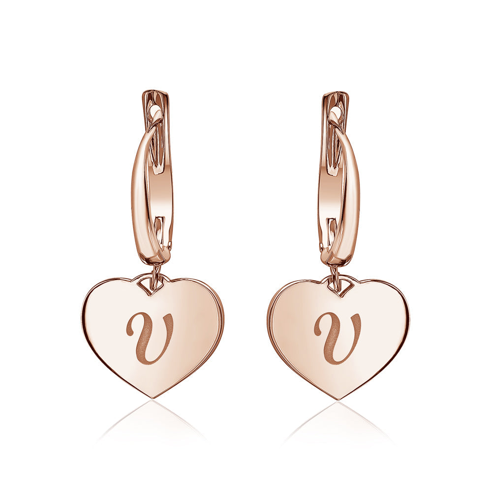 Sterling Silver Rose Gold Plated Girls Heart Dangle Leverback Earrings Initial Engraved Letters A-Z