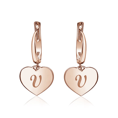 Sterling Silver Rose Gold Plated Girls Heart Dangle Leverback Earrings Initial Engraved Letters A-Z
