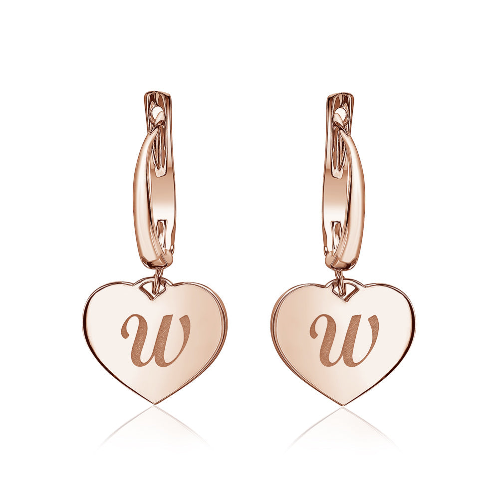 Sterling Silver Rose Gold Plated Girls Heart Dangle Leverback Earrings Initial Engraved Letters A-Z