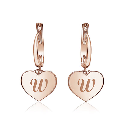 Sterling Silver Rose Gold Plated Girls Heart Dangle Leverback Earrings Initial Engraved Letters A-Z