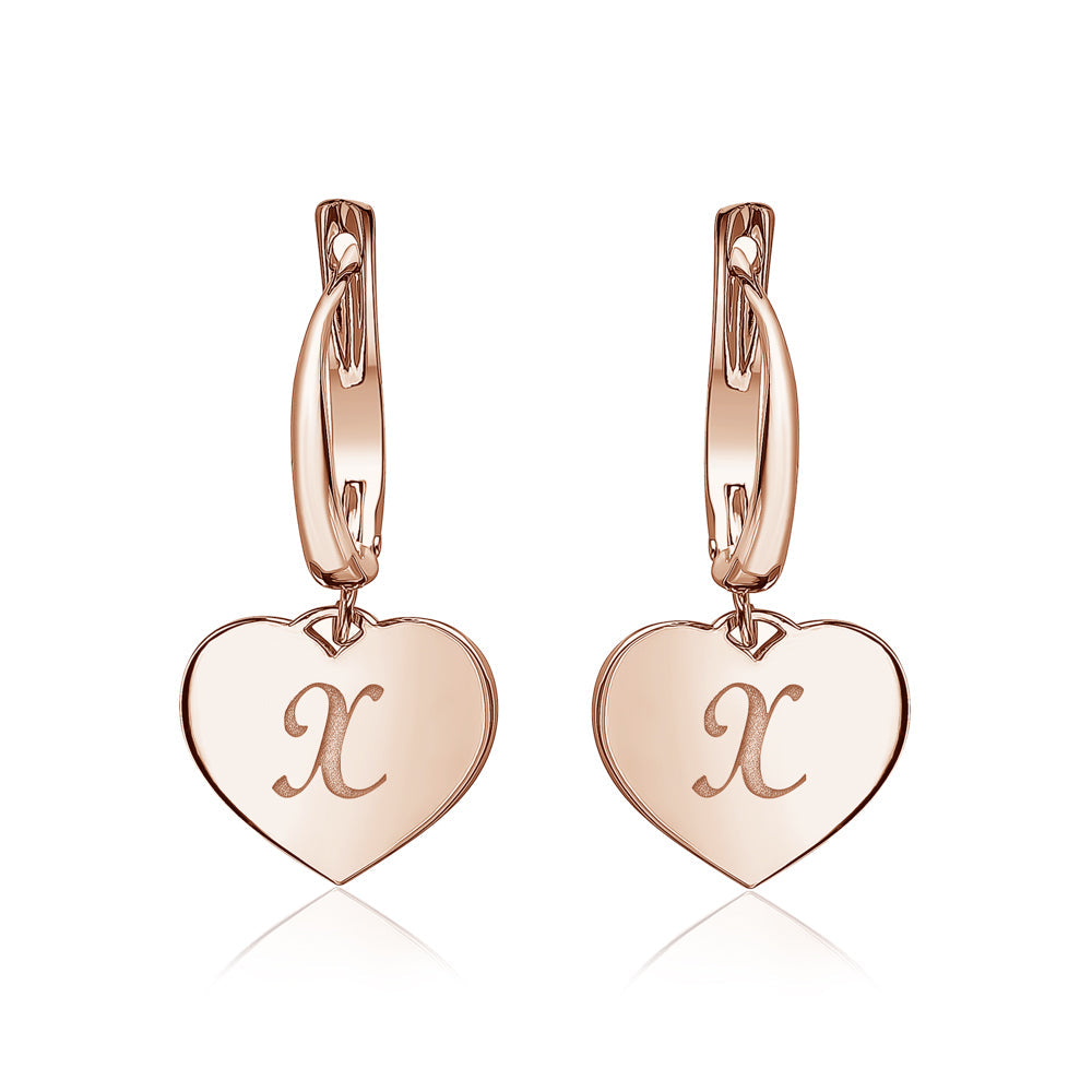 Sterling Silver Rose Gold Plated Girls Heart Dangle Leverback Earrings Initial Engraved Letters A-Z