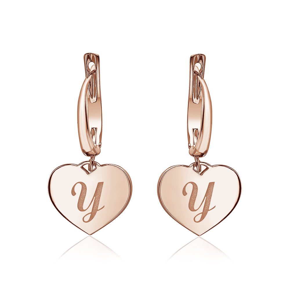 Sterling Silver Rose Gold Plated Girls Heart Dangle Leverback Earrings Initial Engraved Letters A-Z