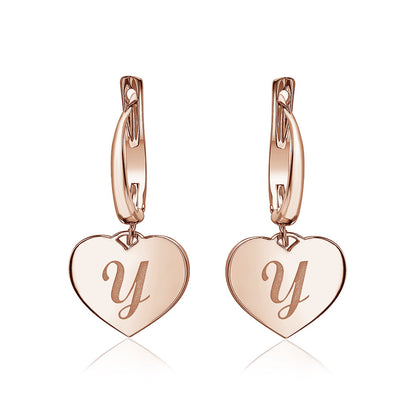 Sterling Silver Rose Gold Plated Girls Heart Dangle Leverback Earrings Initial Engraved Letters A-Z
