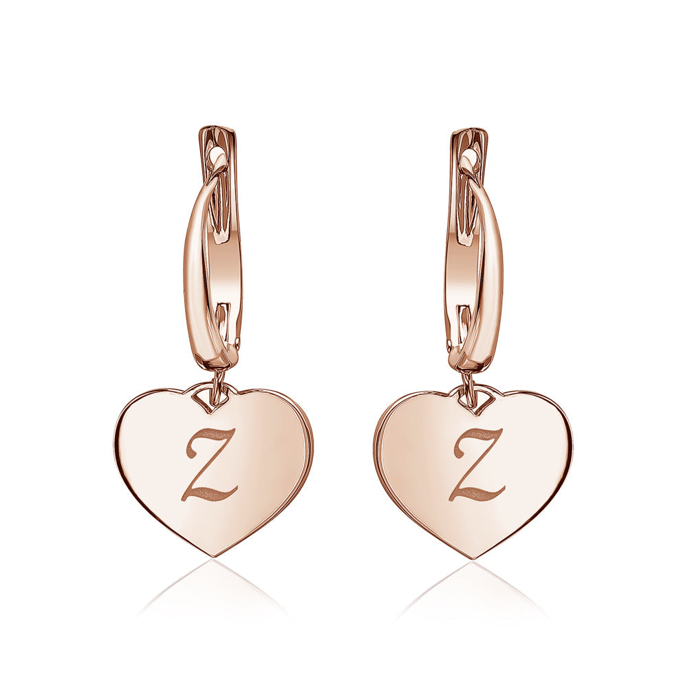 Sterling Silver Rose Gold Plated Girls Heart Dangle Leverback Earrings Initial Engraved Letters A-Z