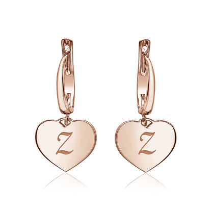 Sterling Silver Rose Gold Plated Girls Heart Dangle Leverback Earrings Initial Engraved Letters A-Z