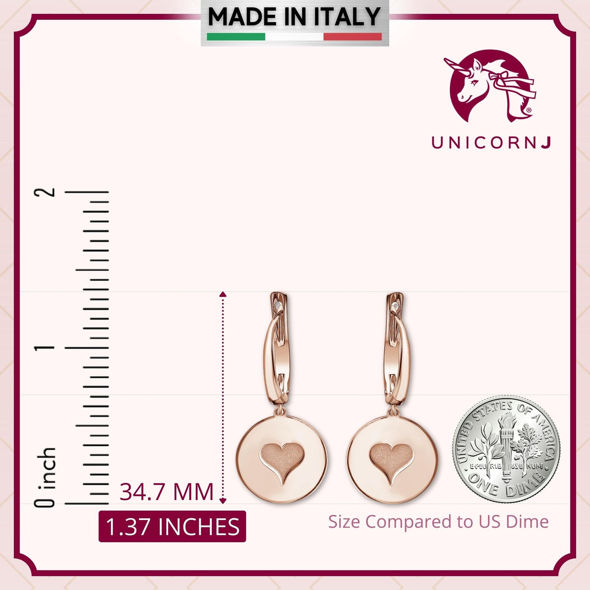 Sterling Silver Rose Gold Plated Girls Round Disc Dangle Leverback Earrings with Engraved Heart