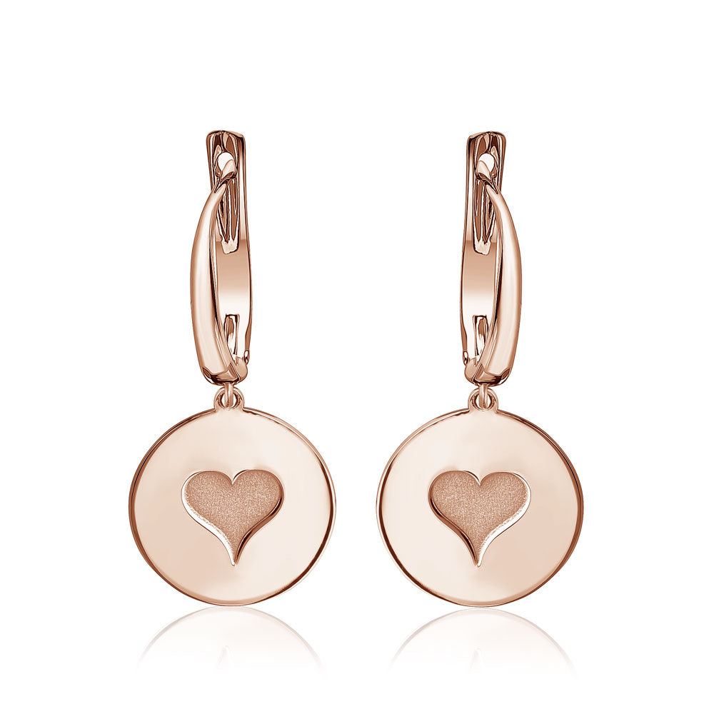 Sterling Silver Rose Gold Plated Girls Round Disc Dangle Leverback Earrings with Engraved Heart