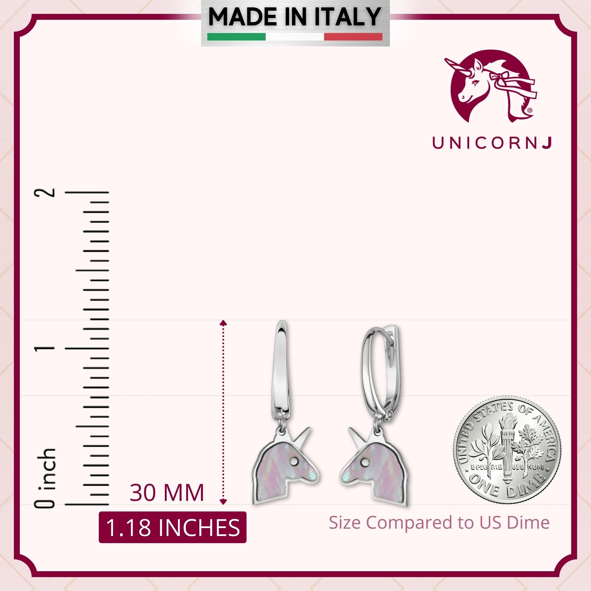 Sterling Silver Unicorn Leverback Dangle Earrings with Mother of Pearl Inlay