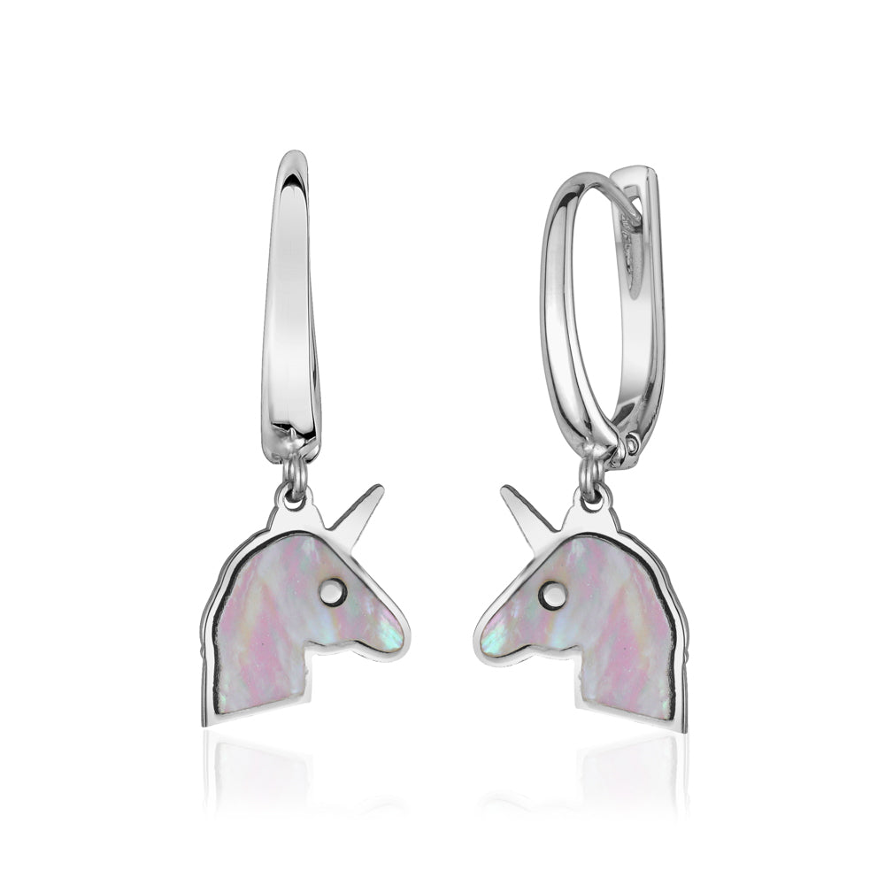Sterling Silver Unicorn Leverback Dangle Earrings with Mother of Pearl Inlay