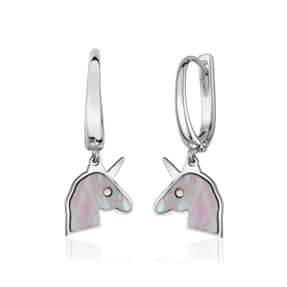 Sterling Silver Unicorn Leverback Dangle Earrings with Mother of Pearl Inlay