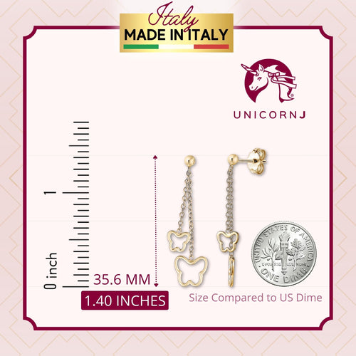 14K Yellow Gold Double Open Butterfly Long Dangle Earrings