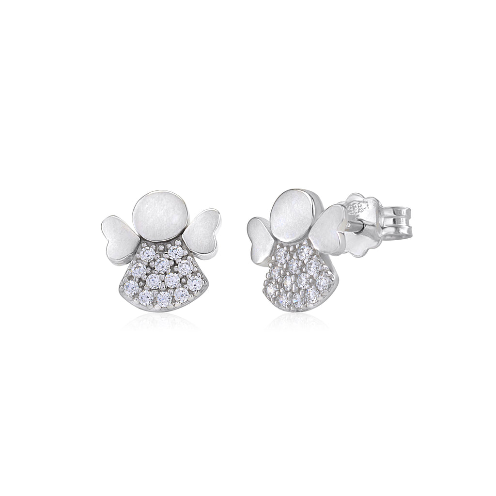 UNICORNJ 14K White Gold Large Guardian Angel Post Stud Earrings with CZ's and Heart Shaped Wings Italy
