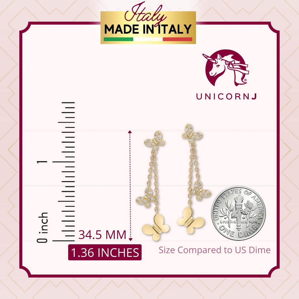 UNICORNJ 14K Yellow Gold Polished and Pave CZ Long Double Dangle Drop Butterfly Earrings Italy