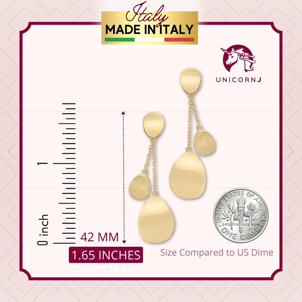 UNICORNJ 14K Yellow Gold Polished and Brushed Long Double Dangle Drop Curved Teardrop Earrings Italy